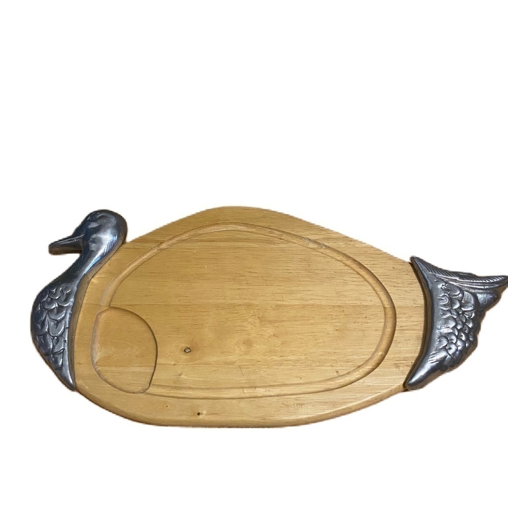 Vintage Duck Shaped Wooden Serving Tray Cutting Board with Silver Metal Accents
